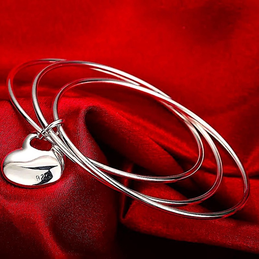 Sterling Silver Stackable Minimalist Heart Charm Three Piece Bangle Bracelet - Picture 5 of 6